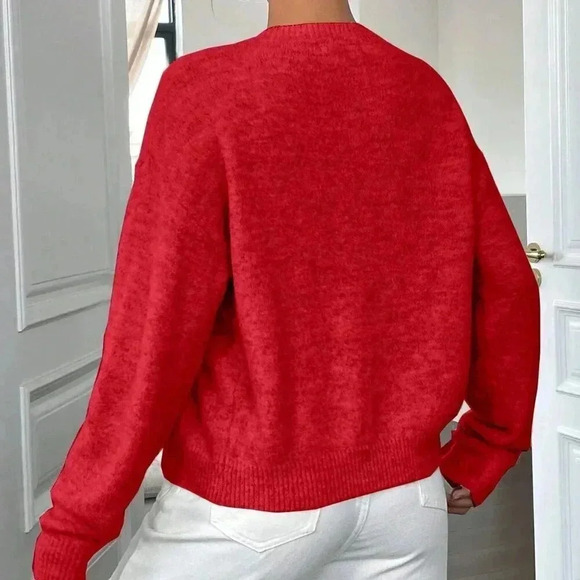 Red Casual Women's Loose Cardigan - Picture 2 of 8